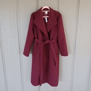 J Crew Factory Belted Wool Blend Coat Size 16 Women Preppy In Vintage Burgundy